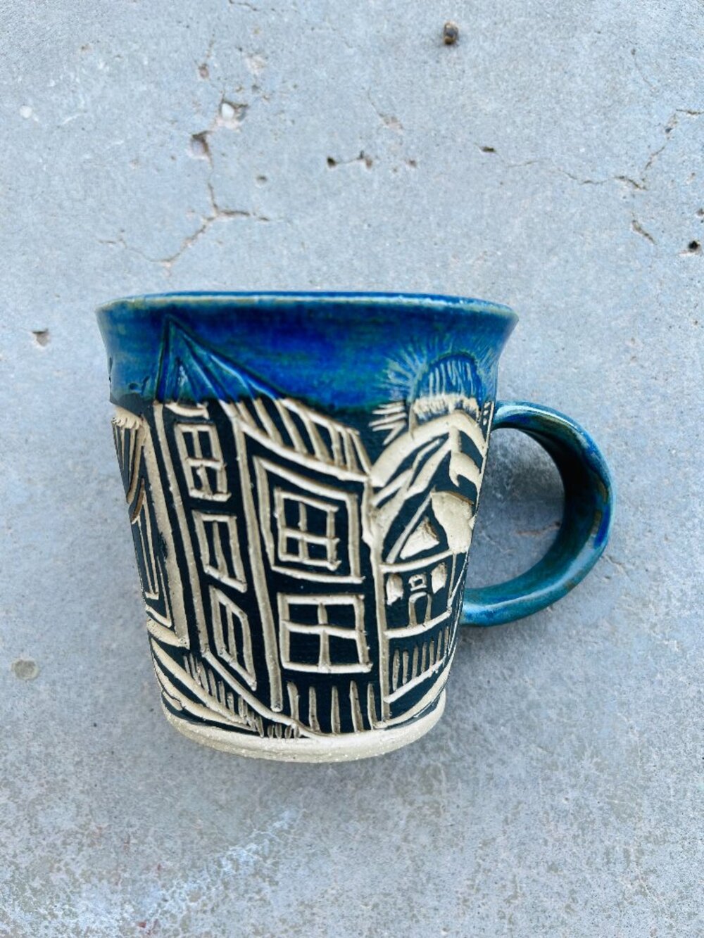 Handmade Black and Blue Sgraffito Mug Signed